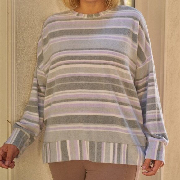 Plus Sage & Lavender Stripped Super Soft Sweatshirt - Picture 2 of 4